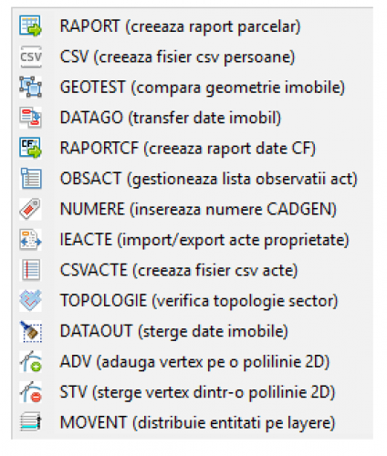 Lista comenzilor suplimentare din aplicatia CADGen 3.0 pentru cadastru general